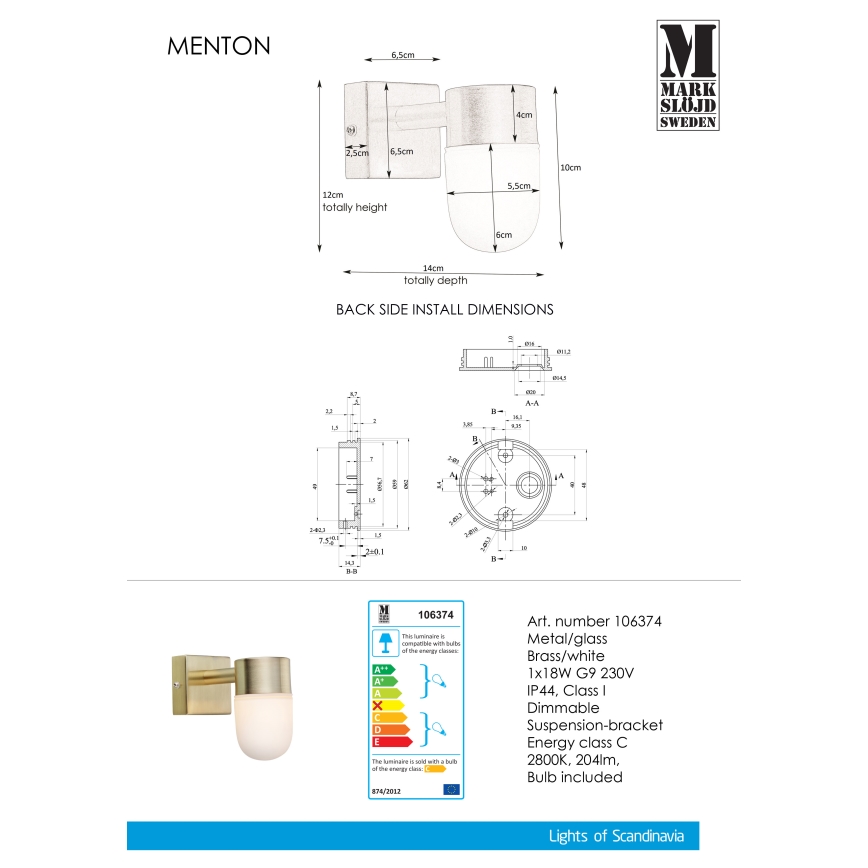 Markslöjd 106374 - Badkamer Wandlamp MENTON 1xG9/18W230V IP44