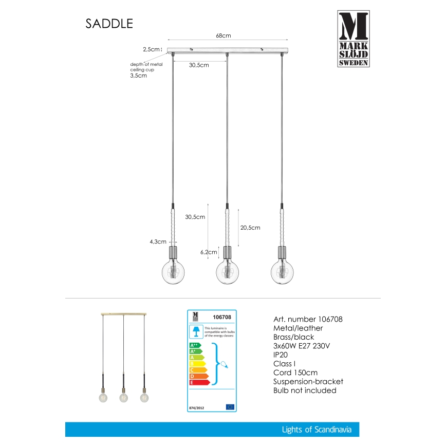 Markslöjd 106708 - Hanglamp aan koord SEDLO 3xE27/60W/230V