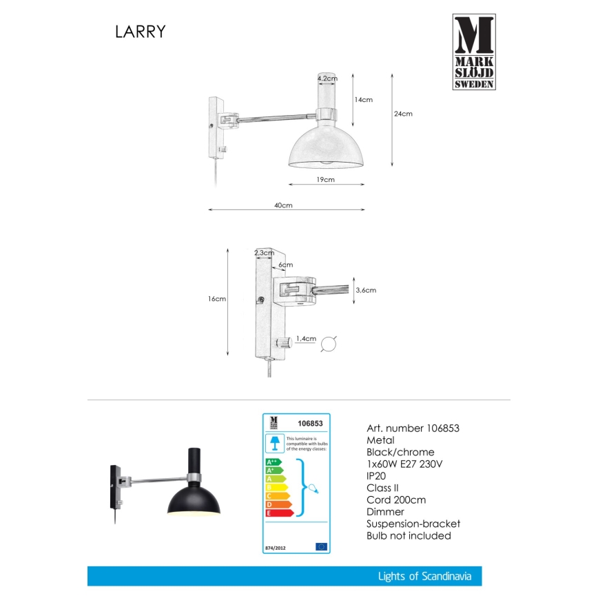 Markslöjd 106970 - Dimbare wandlamp LARRY 1x E27 / 60W / 230V
