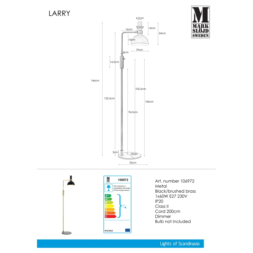 Markslöjd 106972 - Dimbare vloerlamp LARRY 1xE27/60W/230V zwart/gouden