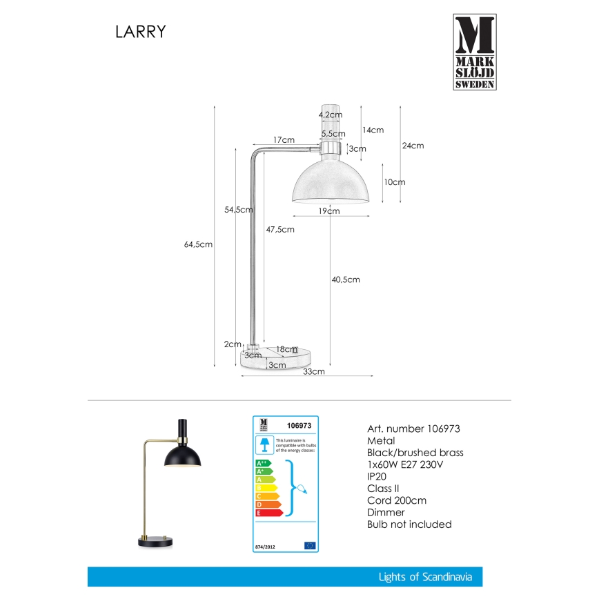 Markslöjd 106973 - Dimbare tafellamp LARRY 1xE27/60W/230V zwart/gouden