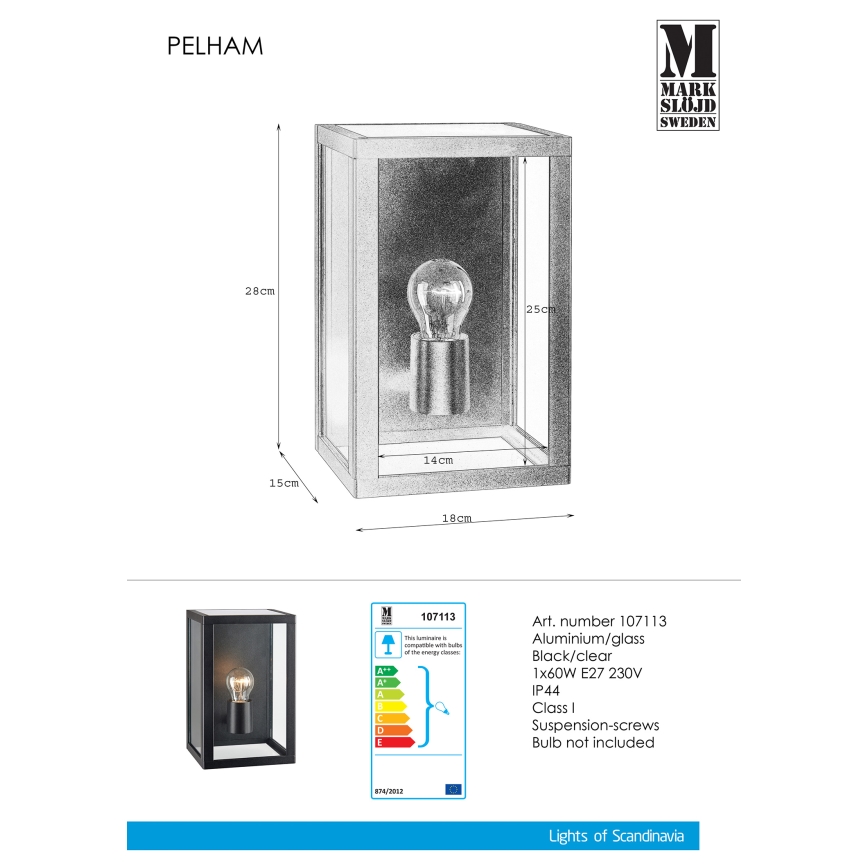 Markslöjd 107113 - Wandlamp voor buiten PELHAM 1xE27/60W/230V IP44 zwart