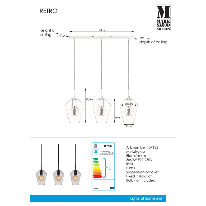 Markslöjd 107132 - Hanglamp aan koord RETRO 3xE27/60W/230V