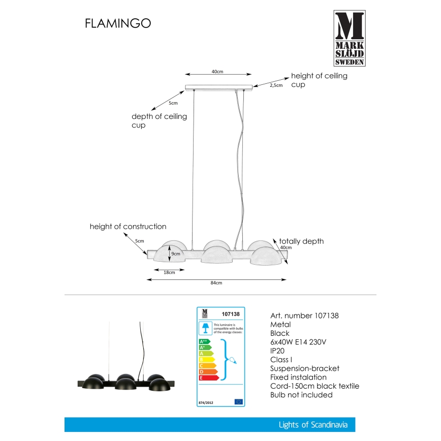 Markslöjd 107138 - Hanglamp aan koord FLAMINGO 6xE14/40W/230V zwart