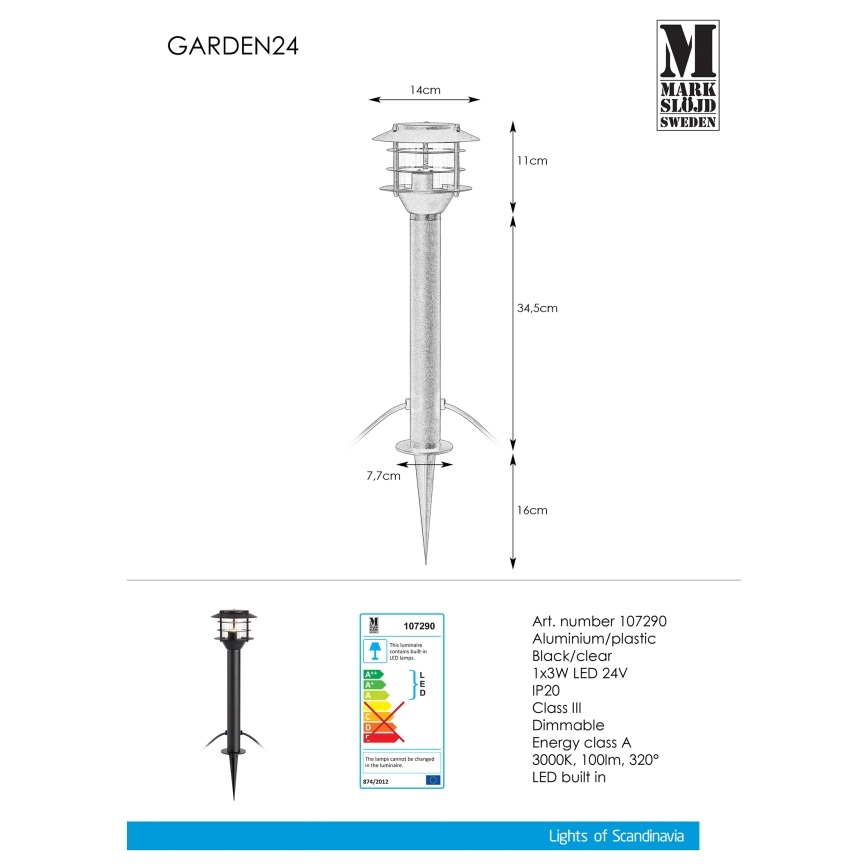 Markslöjd 107290 - LED Buitenlamp GARDEN 24 LED/3W/24V 45 cm IP44 zwart