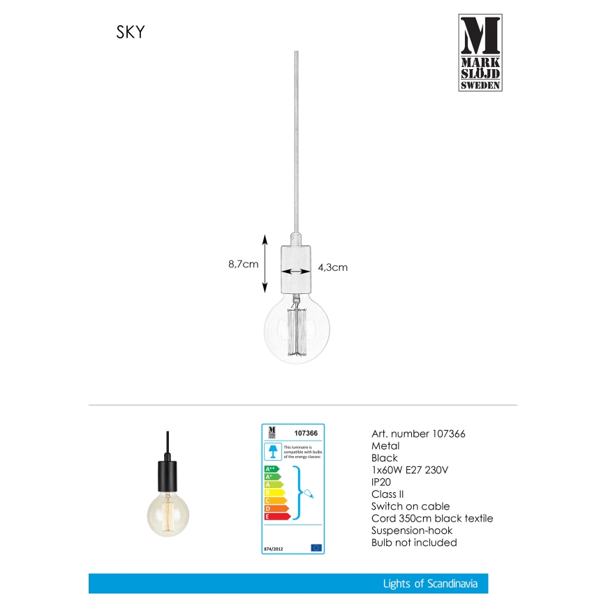 Markslöjd 107366 - Hanglamp aan koord SKY 1xE27/60W/230V