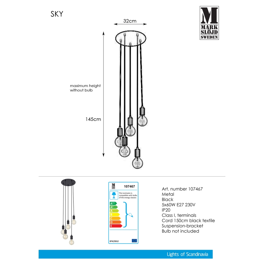 Markslöjd 107467 - Hanglamp aan koord SKY 5xE27/60W/230V