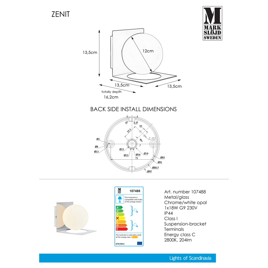 Markslöjd 107488 - Badkamer wandlamp ZENIT 1xG9/18W/230V IP44