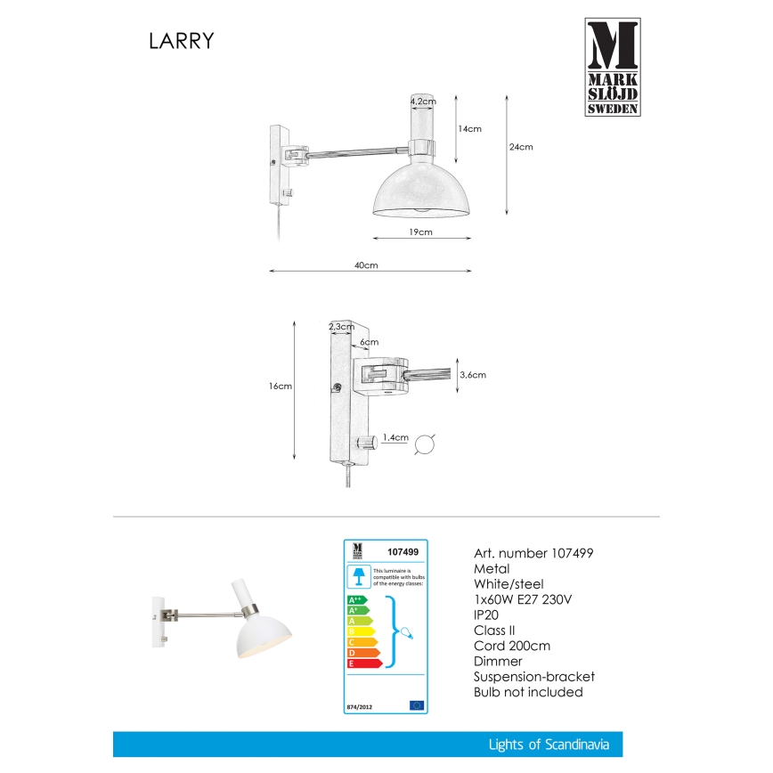 Markslöjd 107499 - Dimbare wandlamp LARRY 1xE27/60W/230V