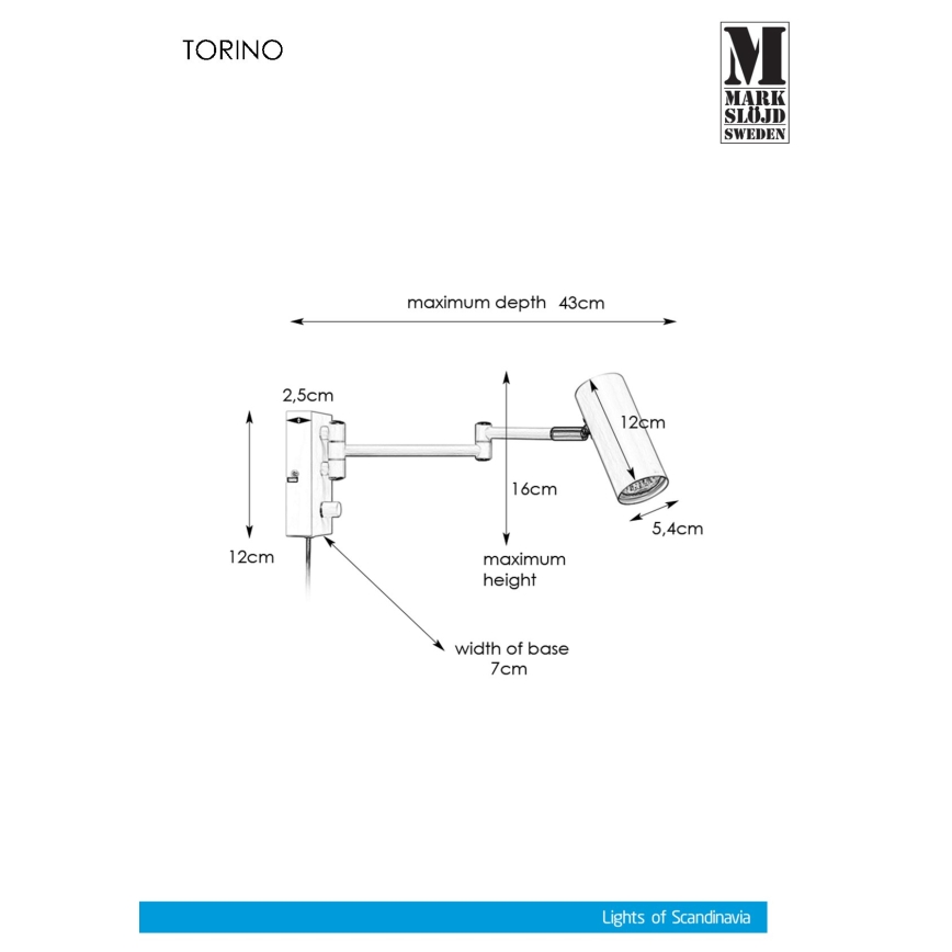 Markslöjd 107538 - Dimbare Wand Spot TORINO 1xGU10/12W/230V