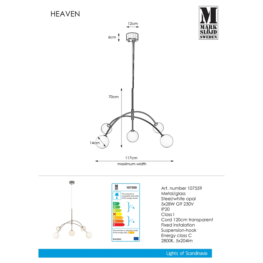 Markslöjd 107559 - Hanglamp aan koord HEAVEN 5xG9/28W/230V
