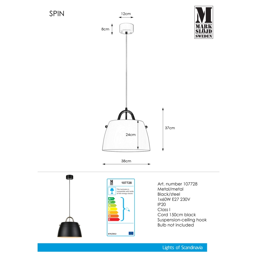 Markslöjd 107728 - Hanglamp aan koord SPIN 1xE27/60W/230V