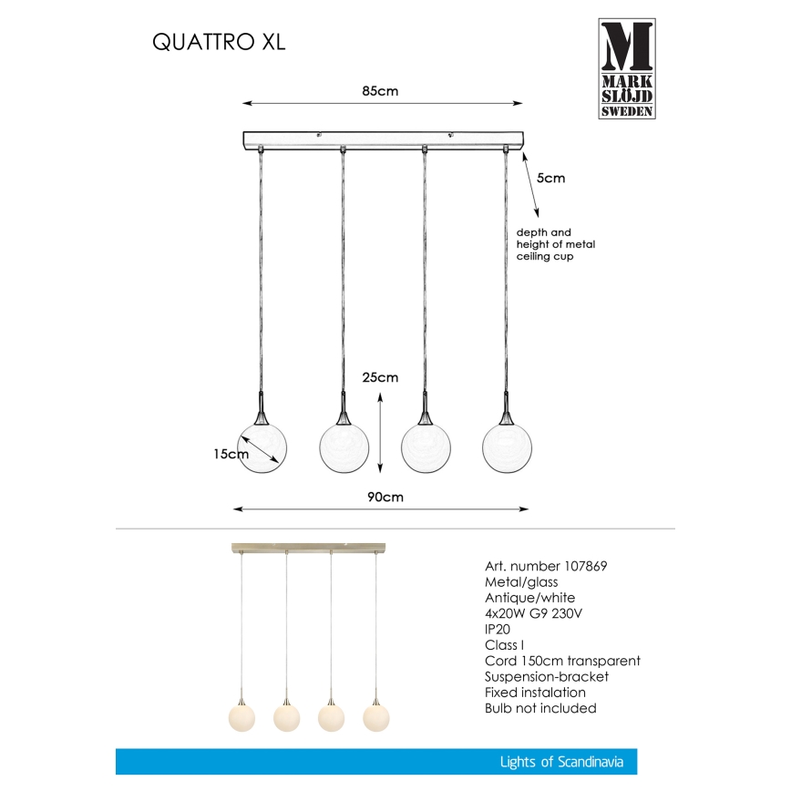 Markslöjd 107869 - Hanglamp aan koord QUATTRO XL 4xG9/20W/230V