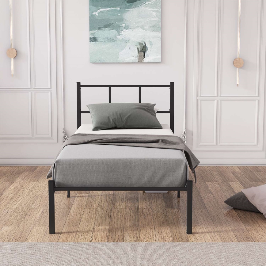 Metalen eenpersoonsbed ROVAN 90x200 cm, zwart — belastbaar tot 120 kg