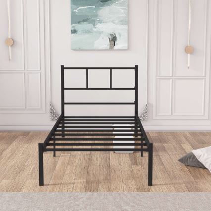 Metalen eenpersoonsbed ROVAN 90x200 cm, zwart — belastbaar tot 120 kg