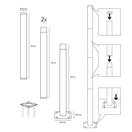 Metalen paal voor buitenverlichting BASE 4 m, Ø 60 mm, zwart