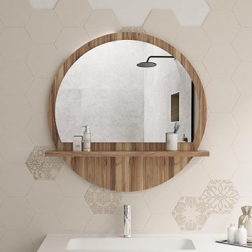 muur spiegel met een plank diameter 60 cm bruin