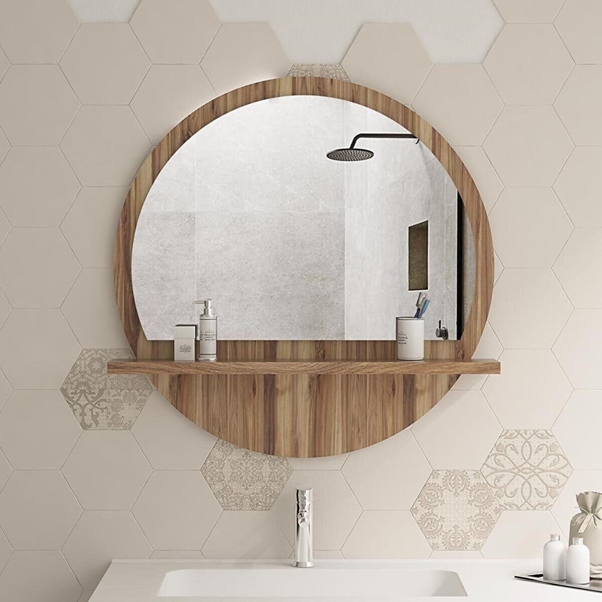 muur spiegel met een plank diameter 60 cm bruin