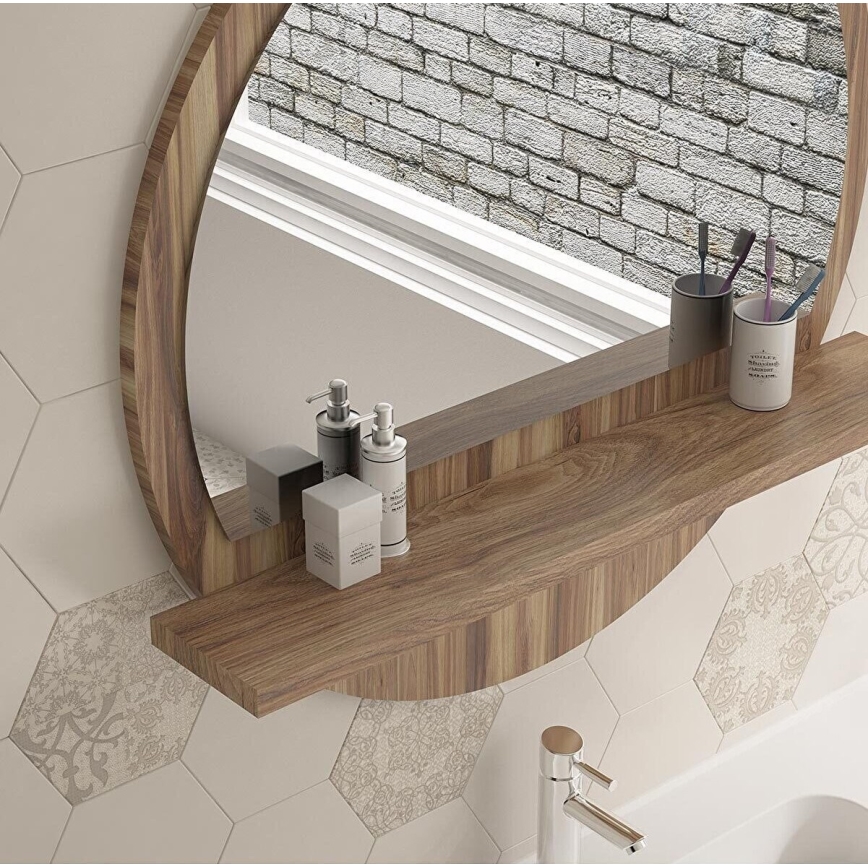 muur spiegel met een plank diameter 60 cm bruin