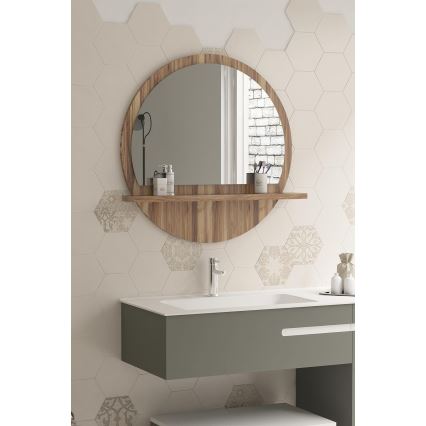 muur spiegel met een plank diameter 60 cm bruin
