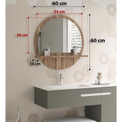 muur spiegel met een plank diameter 60 cm bruin