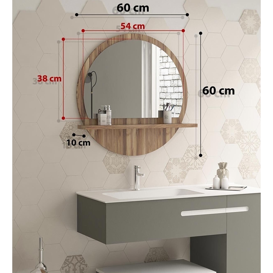 muur spiegel met een plank diameter 60 cm bruin
