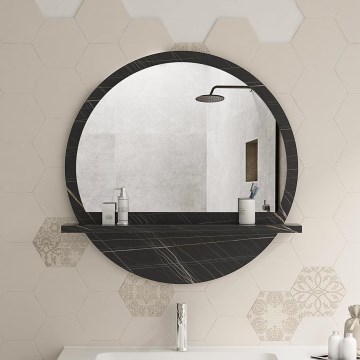 muur spiegel met een plank diameter 60 cm zwart