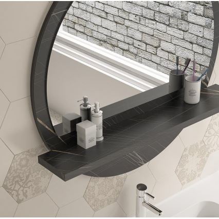 muur spiegel met een plank diameter 60 cm zwart