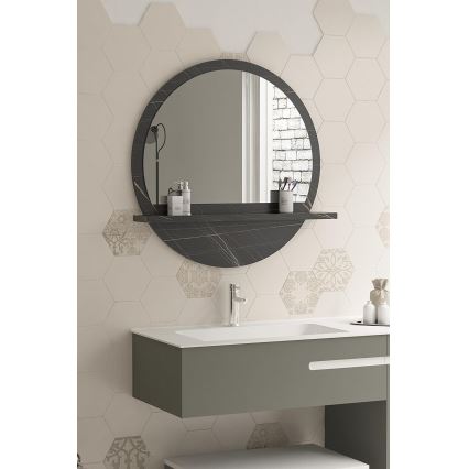 muur spiegel met een plank diameter 60 cm zwart
