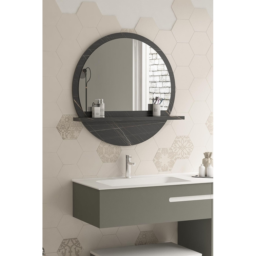 muur spiegel met een plank diameter 60 cm zwart
