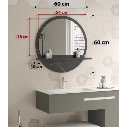 muur spiegel met een plank diameter 60 cm zwart