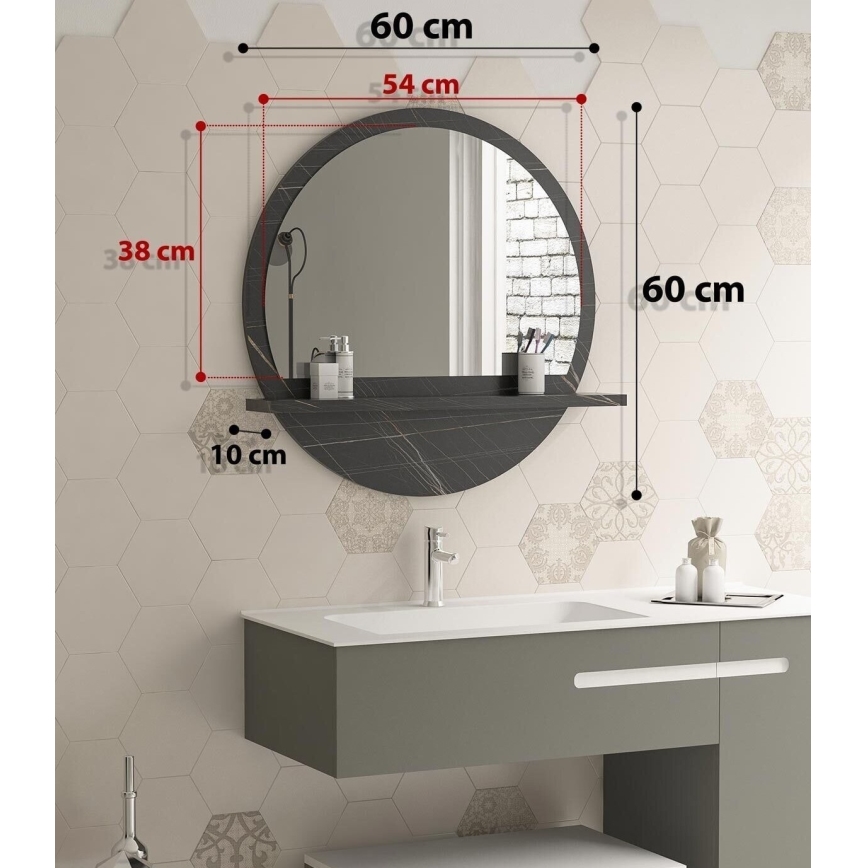 muur spiegel met een plank diameter 60 cm zwart