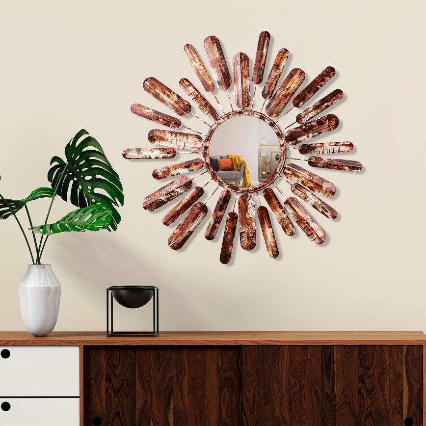 muur spiegel ZON diameter 75 cm bruin