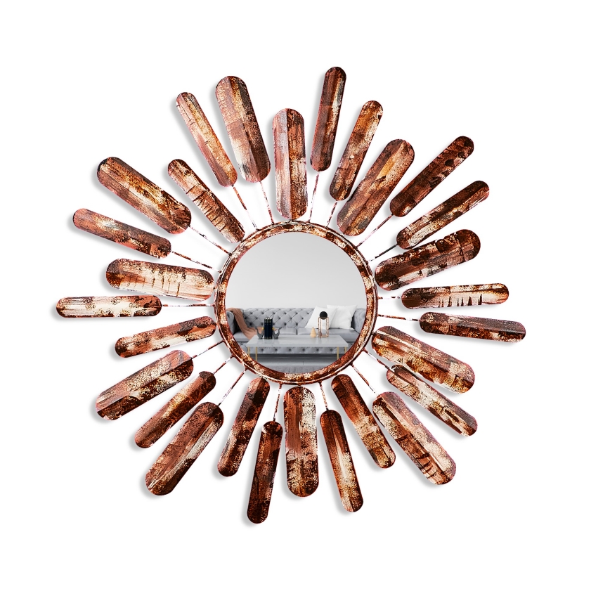 muur spiegel ZON diameter 75 cm bruin