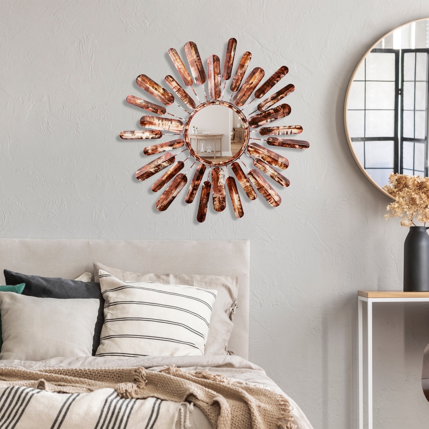 muur spiegel ZON diameter 75 cm bruin