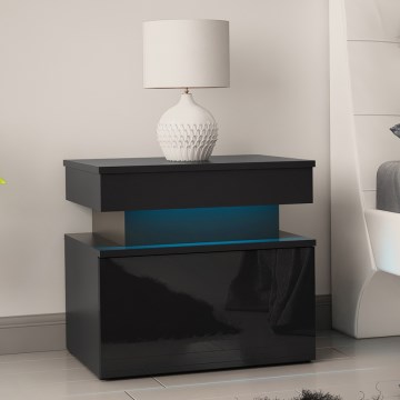 Nachtkastje GLOSSA met LED-verlichting 51x55 cm zwart/hoogglans zwart