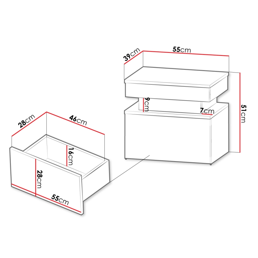 Nachtkastje met LED-verlichting GLOSSA 55x51 cm wit/hoogglans wit