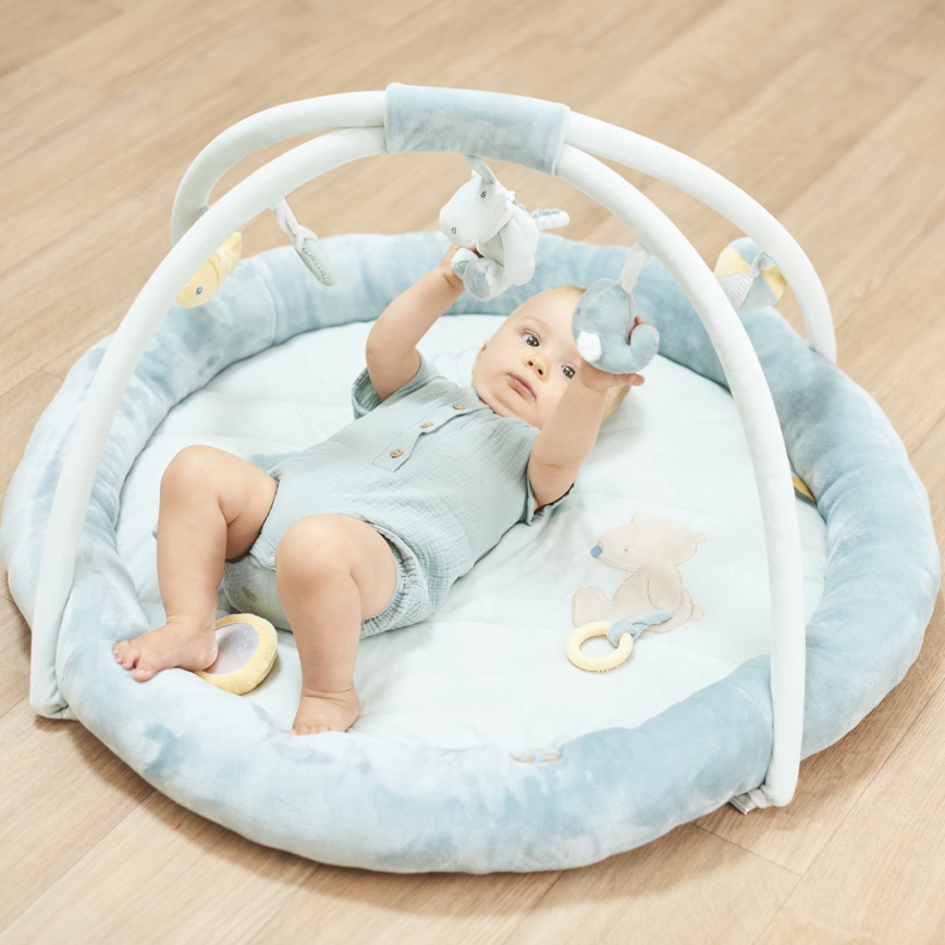 Nattou - Kinderdeken om mee te spelen met een trapeze ROMEO, JULES & SALLY blauw
