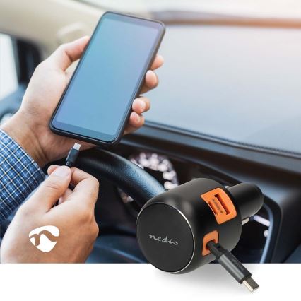 Autolader met intrekbare kabel, Power Delivery 30W, 2xUSB-C + 1xUSB-A