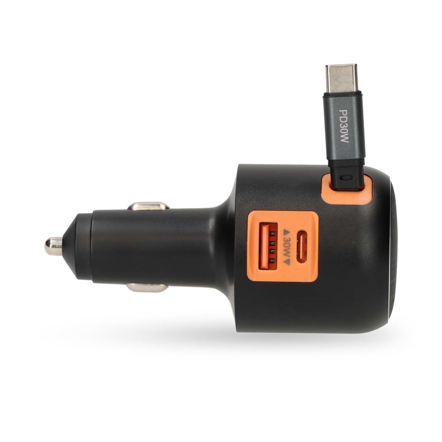 Autolader met intrekbare kabel, Power Delivery 30W, 2xUSB-C + 1xUSB-A