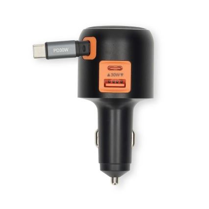 Autolader met intrekbare kabel, Power Delivery 30W, 2xUSB-C + 1xUSB-A