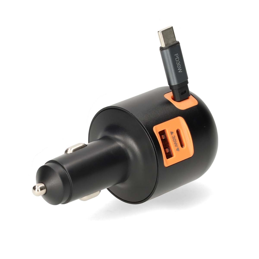 Autolader met intrekbare kabel, Power Delivery 30W, 2xUSB-C + 1xUSB-A