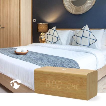 Digitale wekker met LED-display en thermometer 5V/1xCR2032 hout