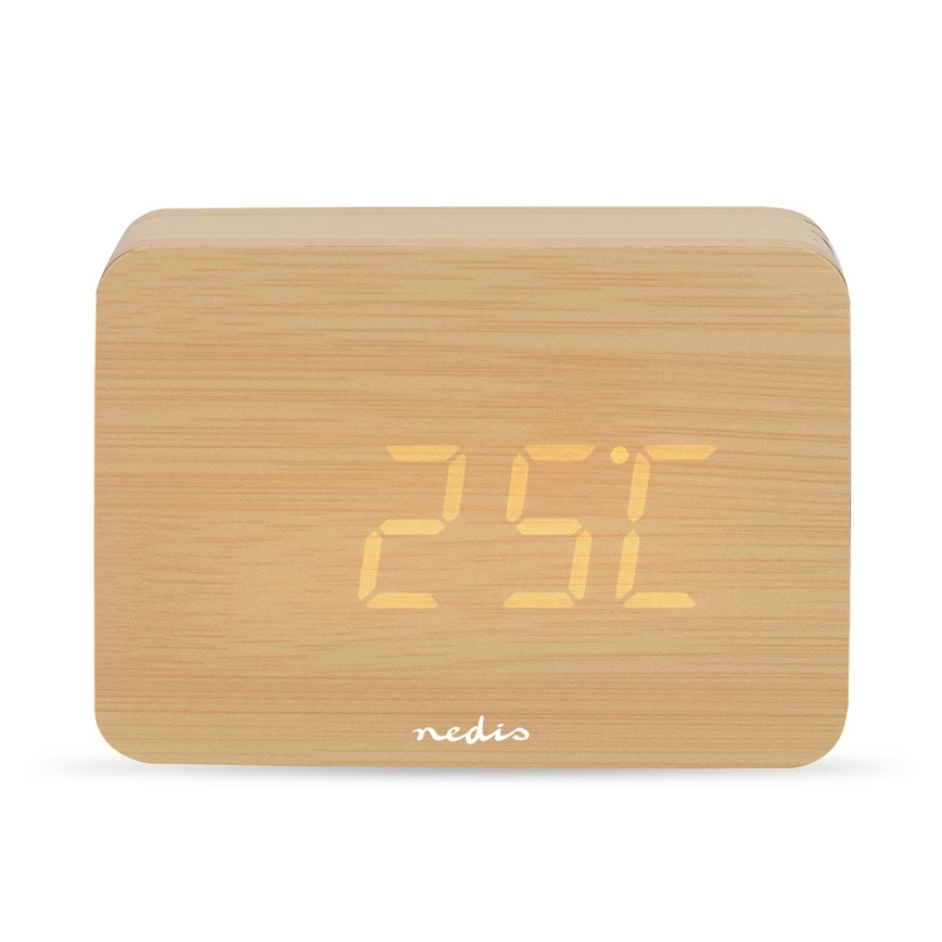 Digitale houten wekker met LED-display en thermometer, 5V/3xAAA