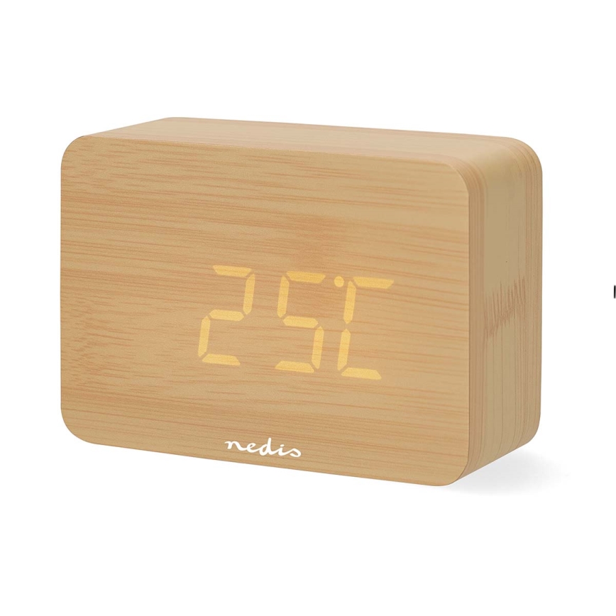 Digitale houten wekker met LED-display en thermometer, 5V/3xAAA
