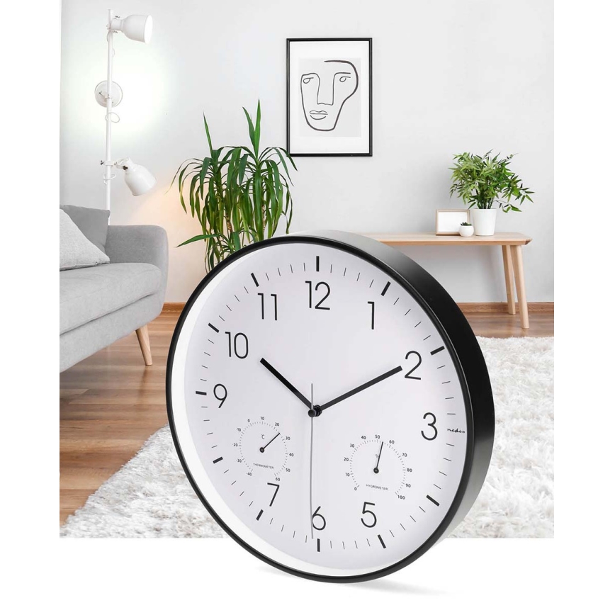 Wandklok met thermometer en hygrometer, Ø 30,5 cm, 1xAA, zwart