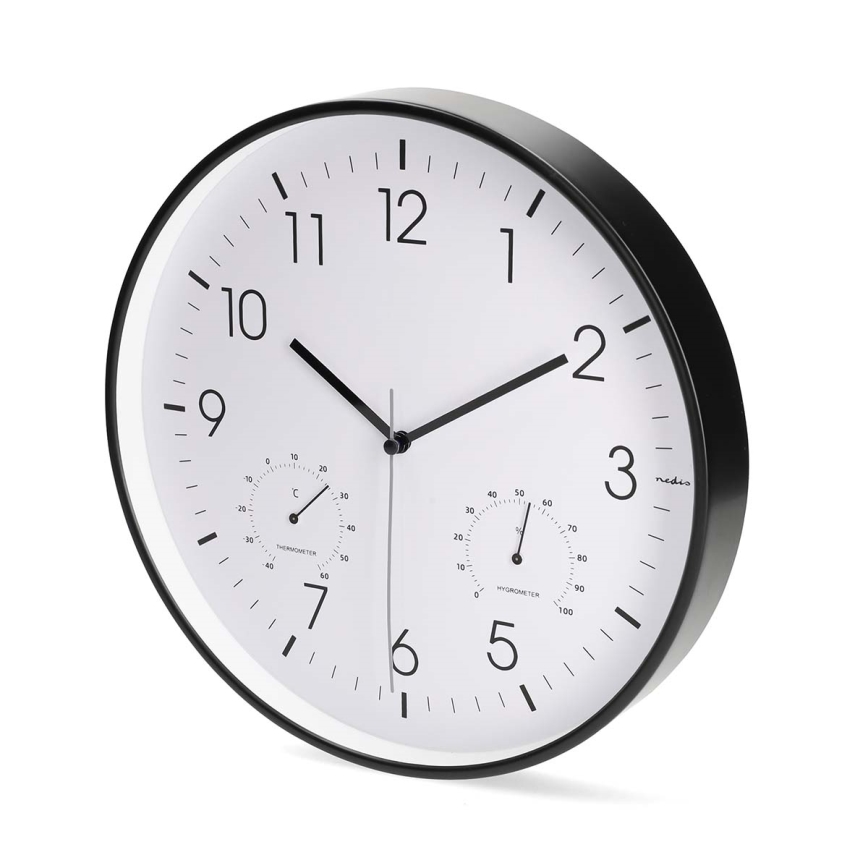 Wandklok met thermometer en hygrometer, Ø 30,5 cm, 1xAA, zwart