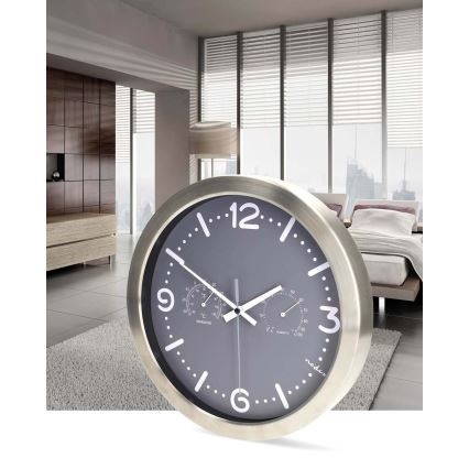 Wandklok met thermometer en hygrometer, Ø 30,5 cm, 1x AA, RVS/grijs