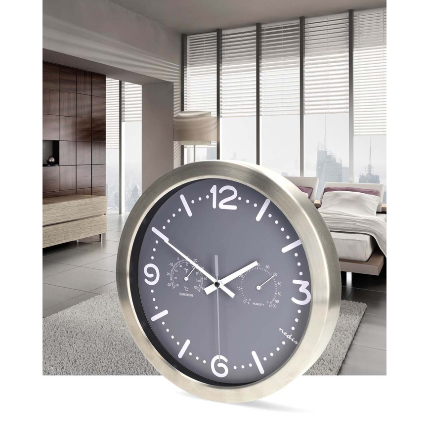 Wandklok met thermometer en hygrometer, Ø 30,5 cm, 1x AA, RVS/grijs