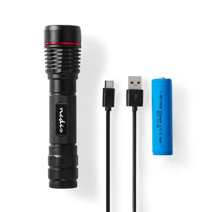 Dimbare oplaadbare zaklamp van aluminium, LED 10W/5V, 2200 mAh, IPX7, zwart